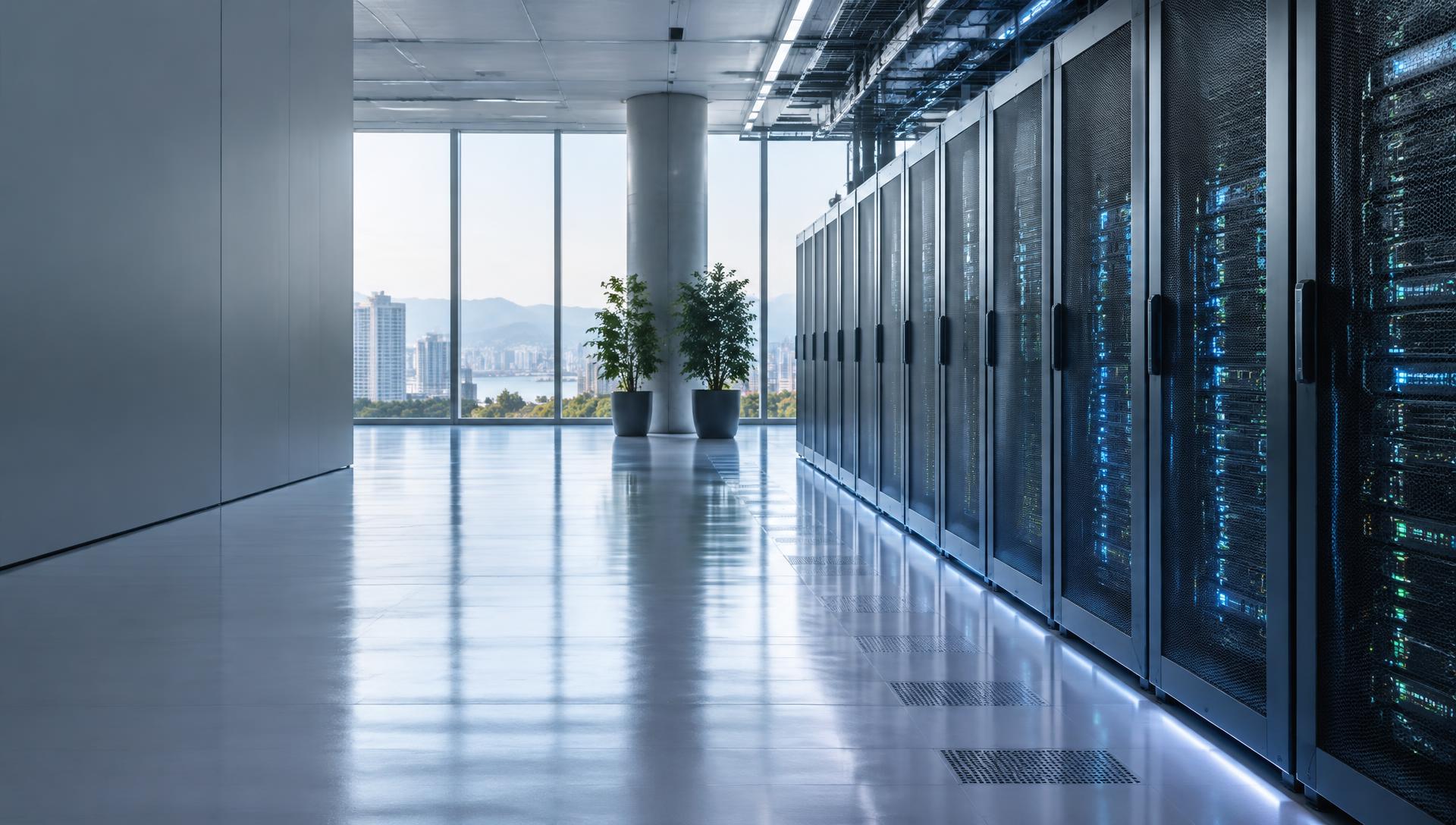 Naturally lit data center corridor with server racks and city views